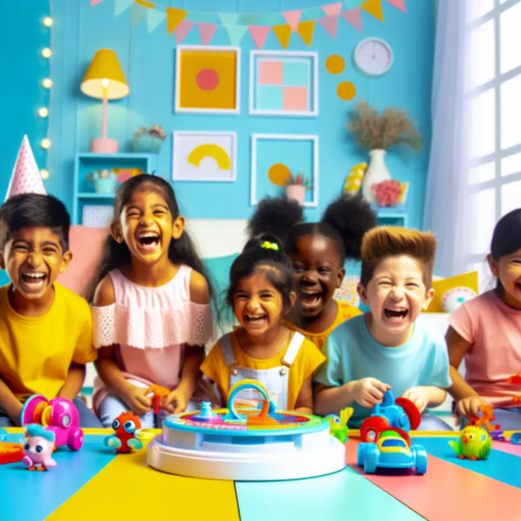 Vidám gyerekek színes játéktéren nevetnek és együtt játszanak.