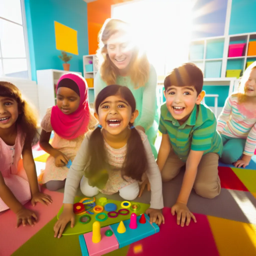 Gyerekek vidáman játszanak egy színes, szervezett játszó térben