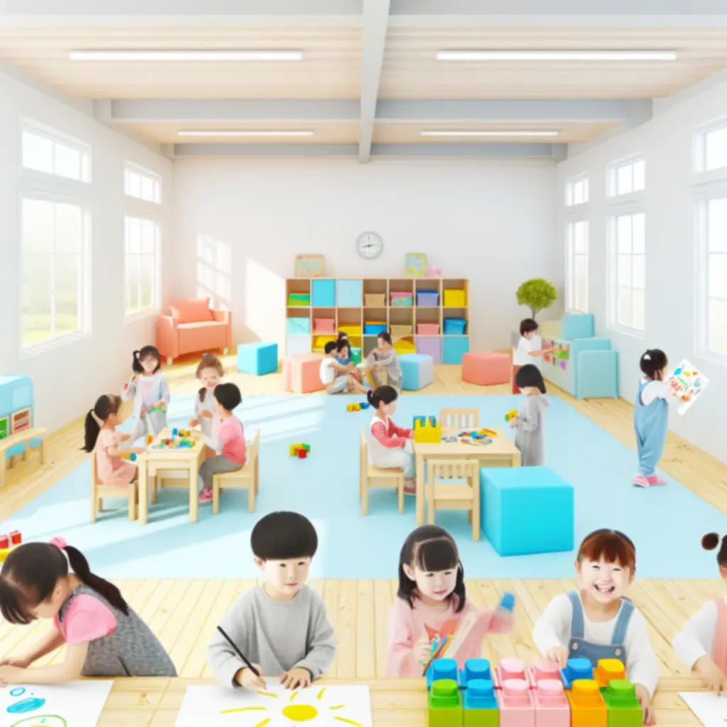 Mosolygó gyermekek csoportosan játszanak és tanulnak egy színes, barátságos műhelyben