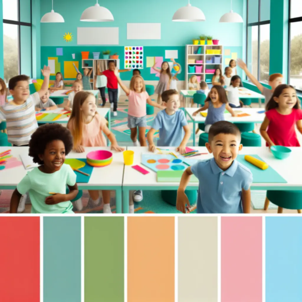 Színes tanteremben játszó és alkotó gyermekek