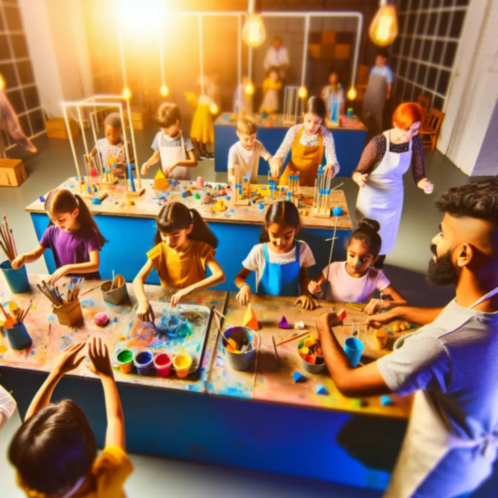 Gyerekek kreatív workshopon festenek és alkotnak egy színes asztal körül