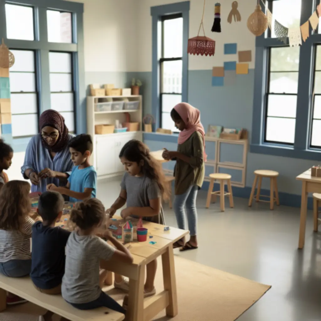 Gyerekek színes tanulási térben körben ülve játszanak és nevetnek.