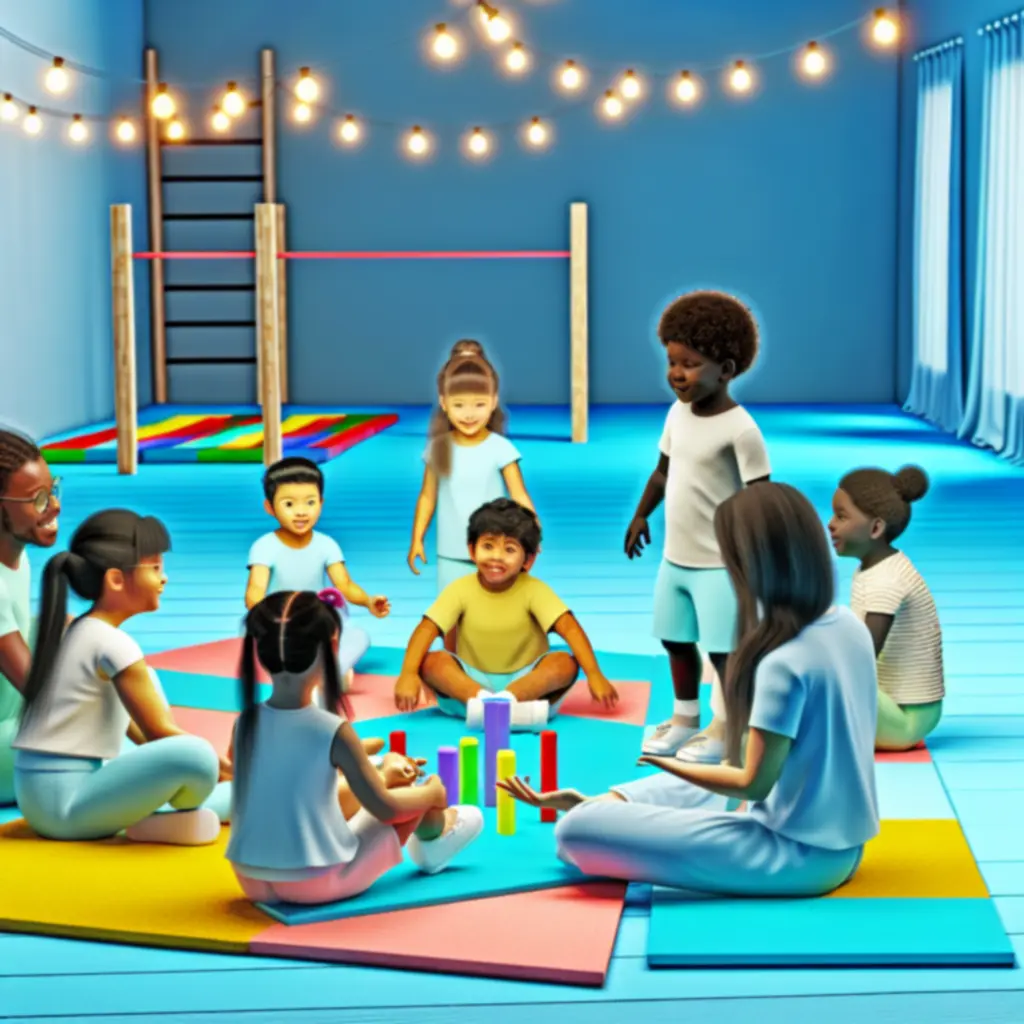 Mosolygó gyerekek szervezett csoportos játékfoglalkozáson