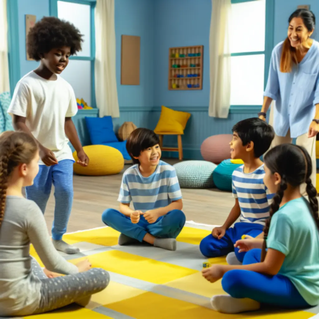 Gyerekek körben ülve csoportos játékot játszanak, animátor vezeti a foglalkozást