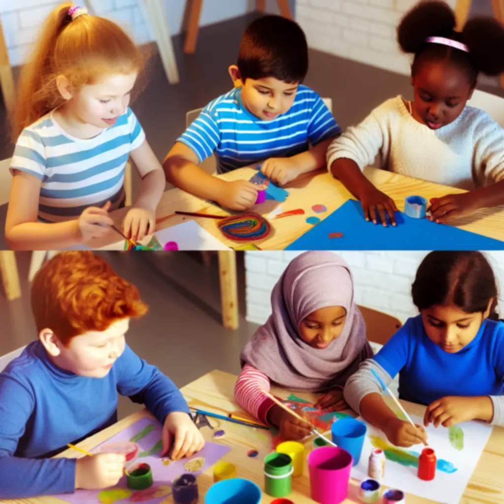 Gyerekek színes festékekkel és kézműves eszközökkel alkotnak egy kreatív KidsPlayMarket workshopon