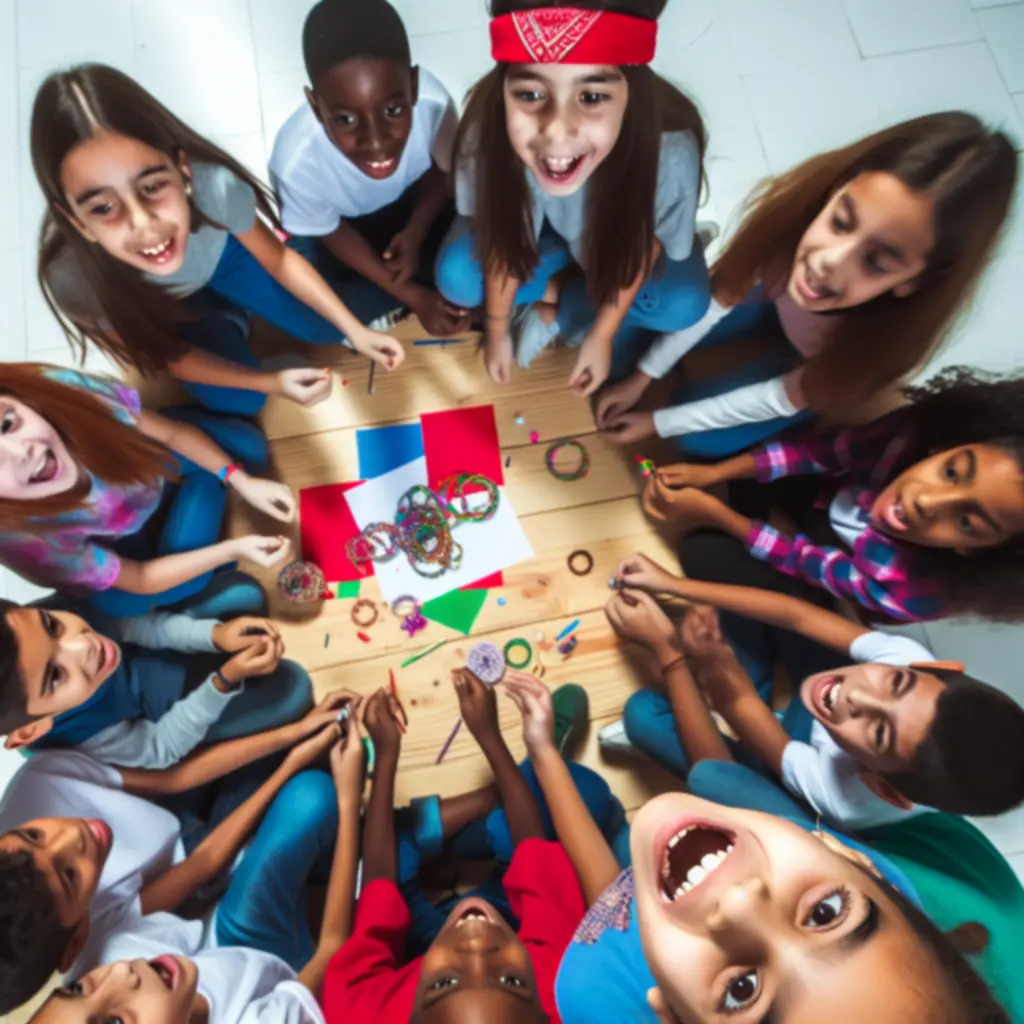 Mosolygó gyerekek kreatív foglalkozáson, színes eszközökkel körülvéve.