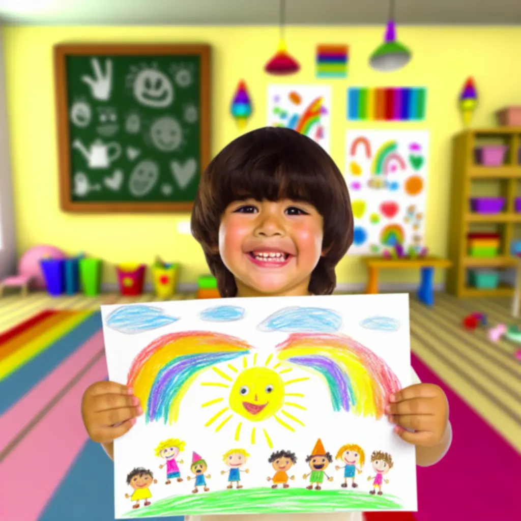 Vidám, színes gyermekrajz mosolygó gyerekekről