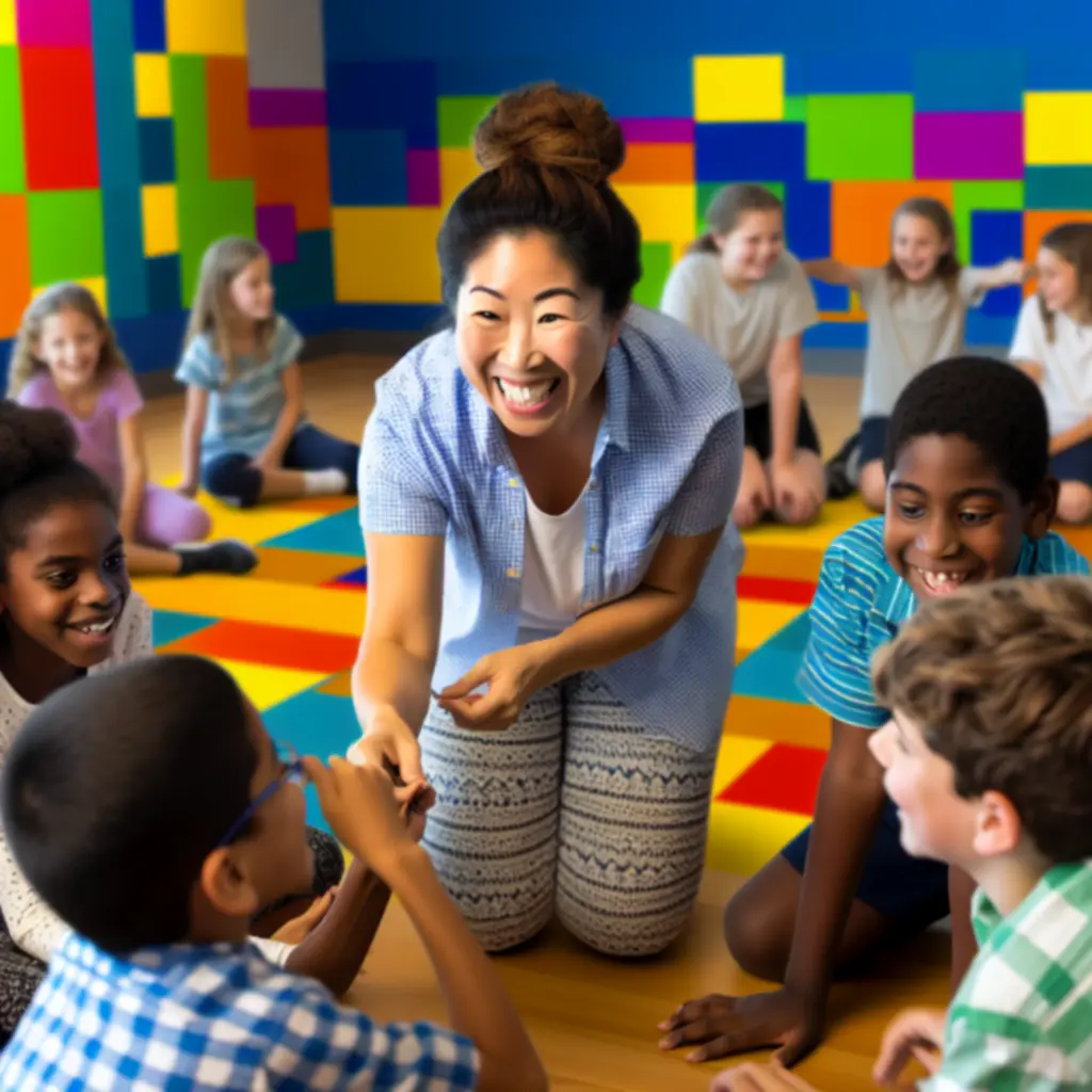 Mosolygó workshopvezető, aki gyerekekkel foglalkozik